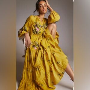 Anthropologie Samant Chauhan Embroidered V-Neck Maxi Dress | size medium petite